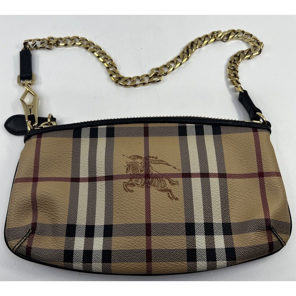 Burberry London Leather House Check Beige Black Small Chain Purse Authentic Real